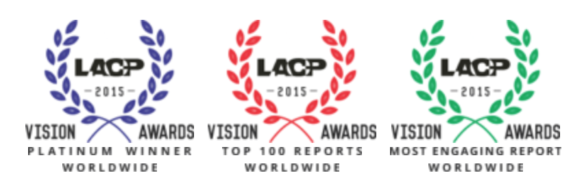 LACP 2015 Vision Awards icons for the platinum winner, top 100 reports worldwide, most engaging report worldwide