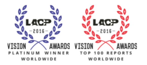 LACP 2016 Vision Awards icons for the platinum winner, and top 100 reports worldwide