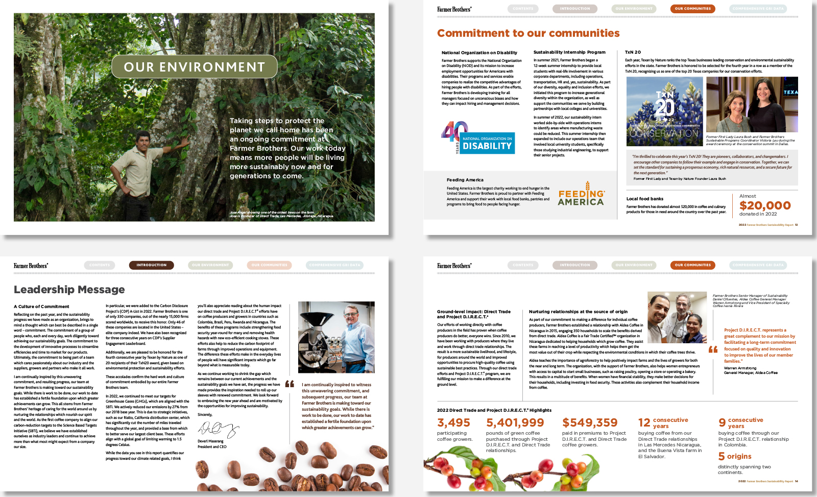 Farmer Brothers' annual sustainability report interior page examples