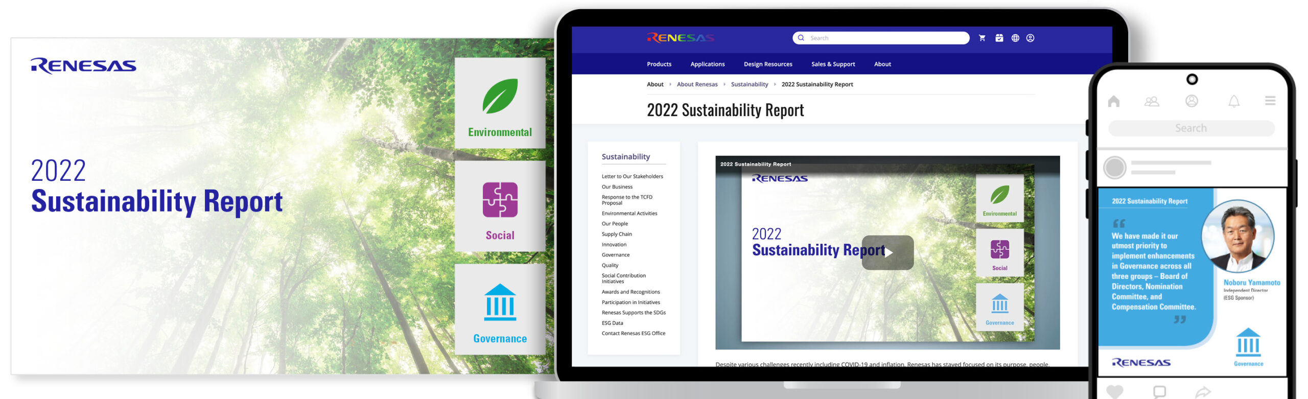 Renesas 2022 Sustainability Report and social media example