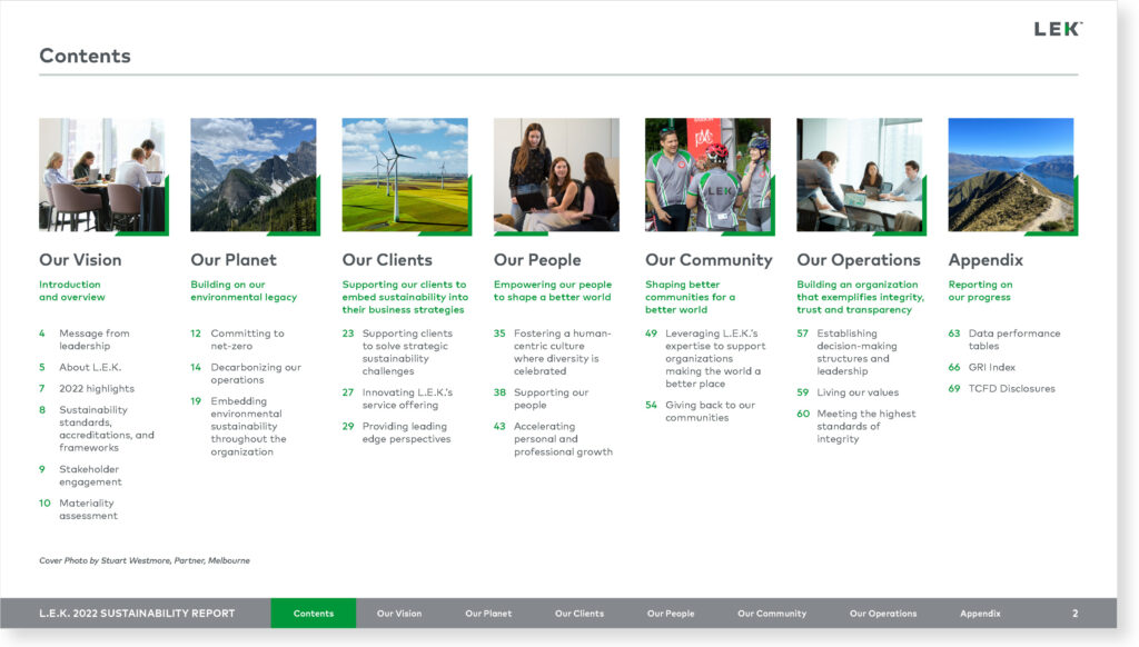 Design examples of interior pages from the LEK Consulting sustainability report 