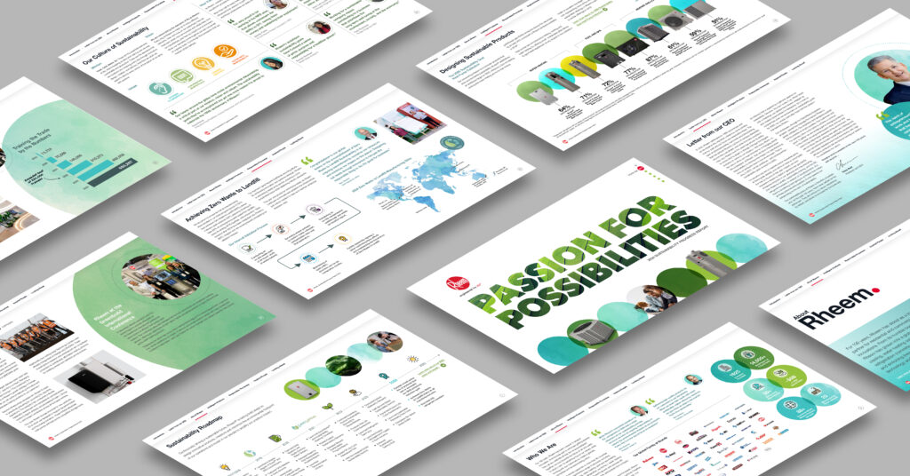 Rheem 2024 Sustainability Report pages showing sustainability goals, performance data and stakeholder content.