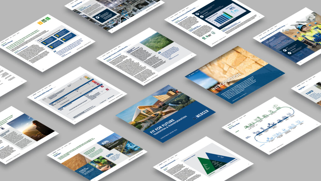A photo collage showcasing the new sustainability report design of Mercer's interactive PDF, featuring the cover and internal spreads with charts and infographics to enhance stakeholder engagement.