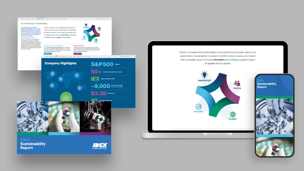 Cover and layout design of IDEX Corporation’s 2024 Sustainability Report, showcasing OBATA’s strategic storytelling and visual ESG framework.