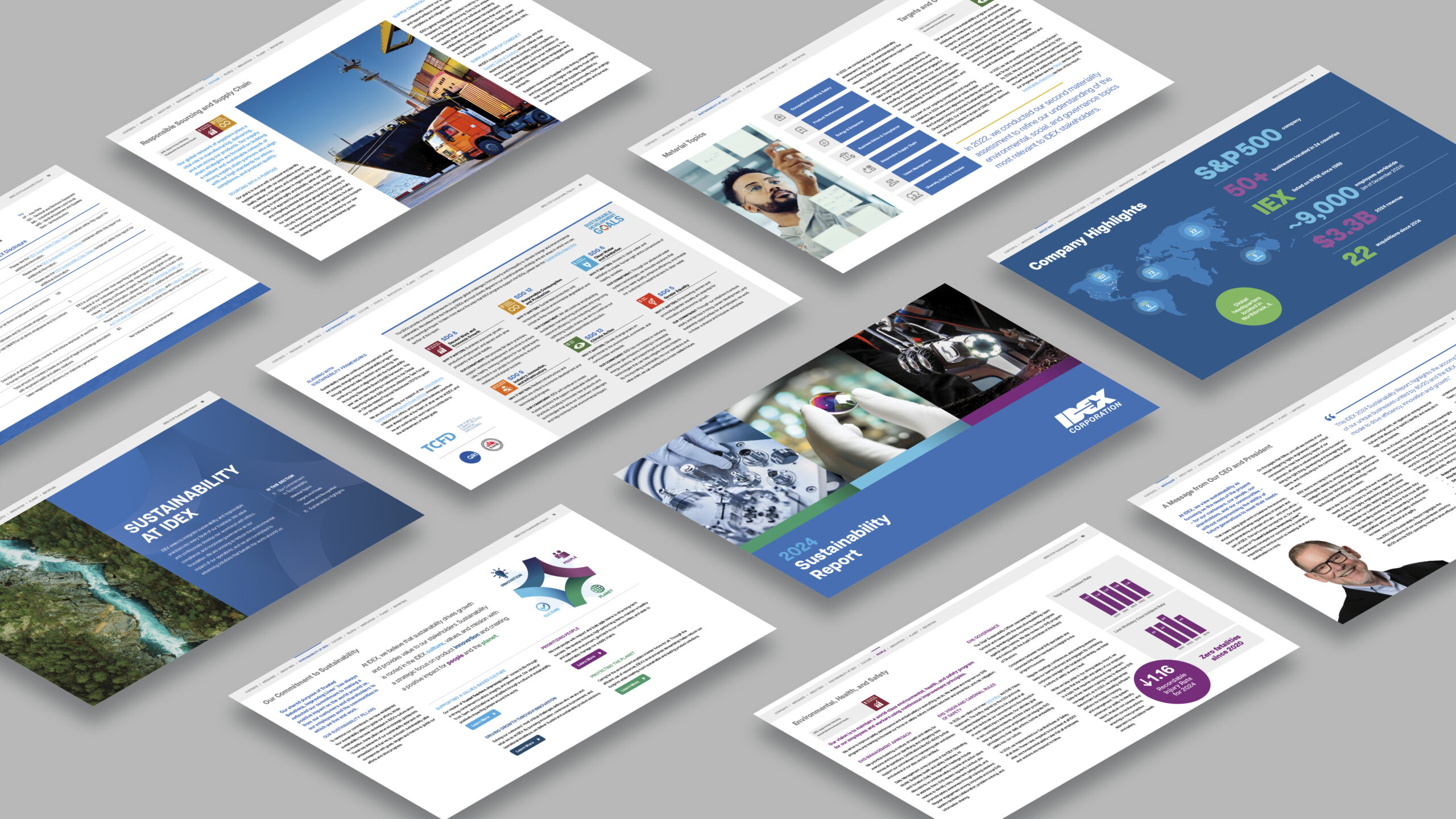 Cover of the IDEX Corporation 2024 Sustainability Report alongside an interior page highlighting key sustainability achievements and data.