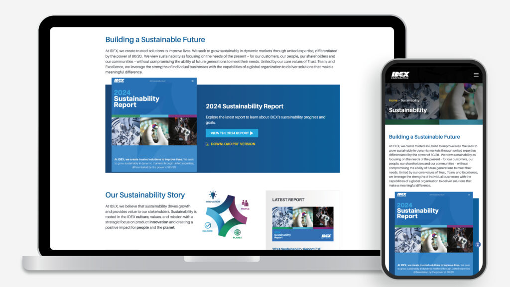 IDEX Corporation's Sustainability landing page features the interactive sustainability report microsite and an interactive PDF report available for download.