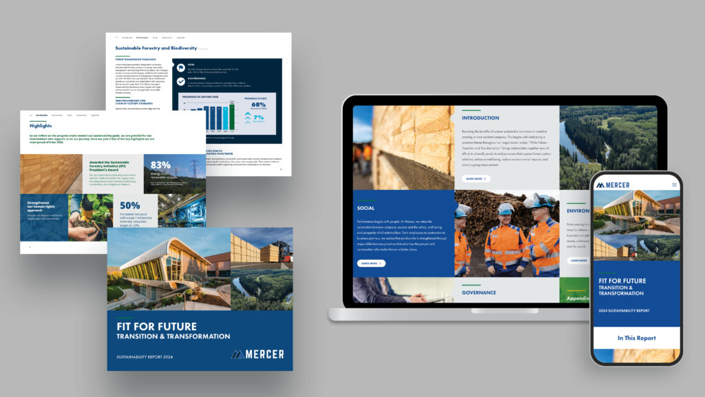 Mercer International’s 2024 Sustainability Report and bilingual microsite, featuring OBATA’s ESG narrative design and stakeholder-focused content strategy.