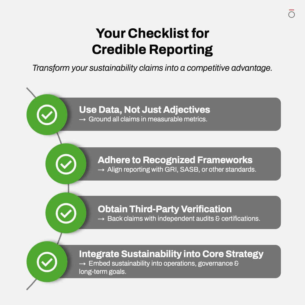 A four-point checklist infographic for building credible reporting. Each point is a green-and-white checkmark icon next to a gray box with a heading: "Use Data, Not Just Adjectives," "Adhere to Recognized Frameworks," "Obtain Third-Party Verification," and "Integrate ESG into Core Strategy."
