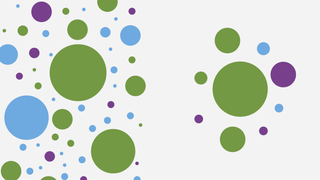 A colorful graphic of connected circles representing data and communication, illustrating the process of simplifying sustainability reports for better stakeholder engagement.