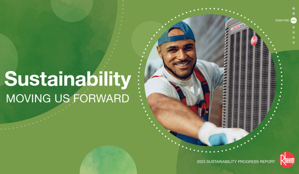 Rheem sustainability report transforming ESG data into a dynamic visual narrative.