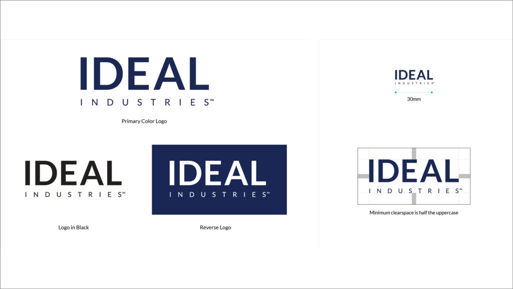 New IDEAL Industries wordmark shown in primary color, black and reverse versions.