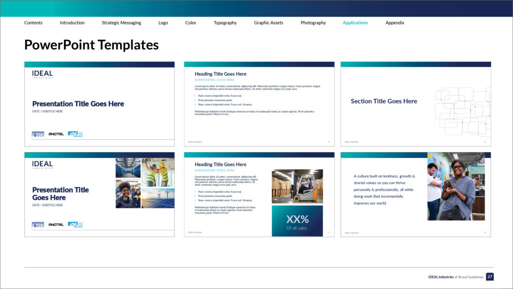 IDEAL Industries PowerPoint slides using the new corporate identity.