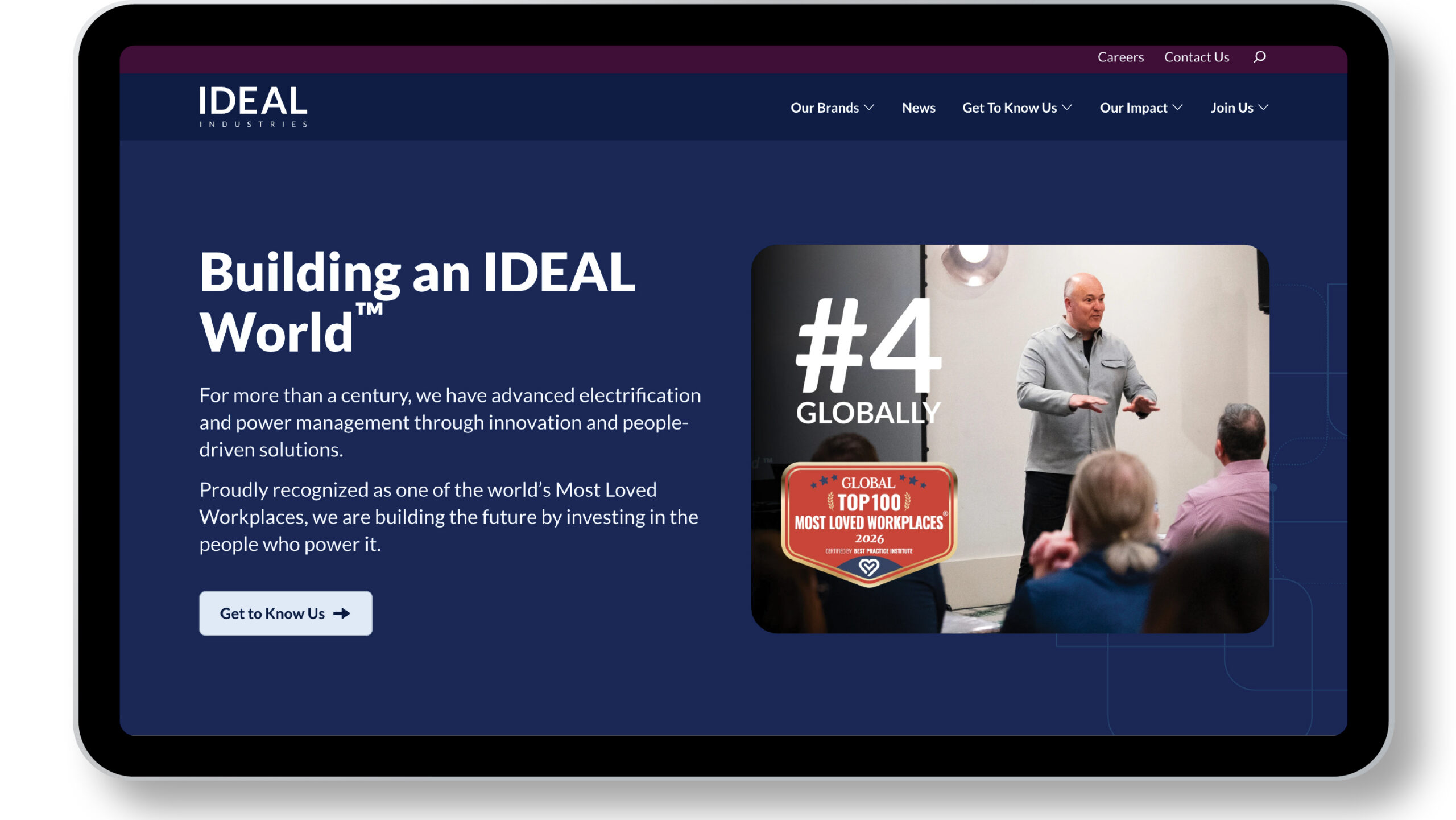 IDEAL Industries corporate website displaying the updated logo, colors, typography and visual brand system.